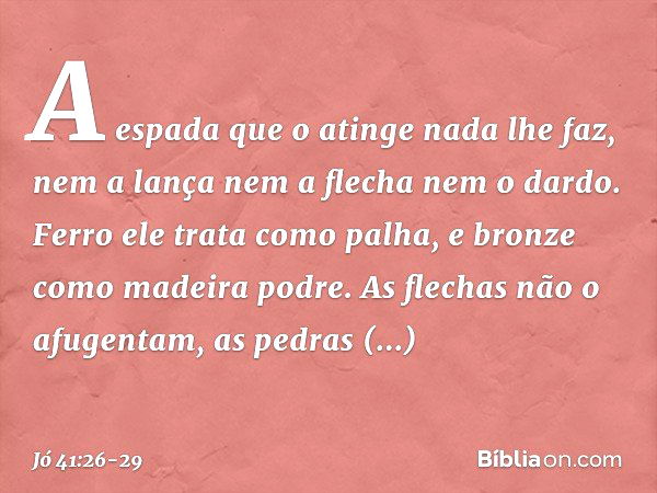 A espada que o atinge
nada lhe faz,
nem a lança nem a flecha
nem o dardo. Ferro ele trata como palha,
e bronze como madeira podre. As flechas não o afugentam,
a