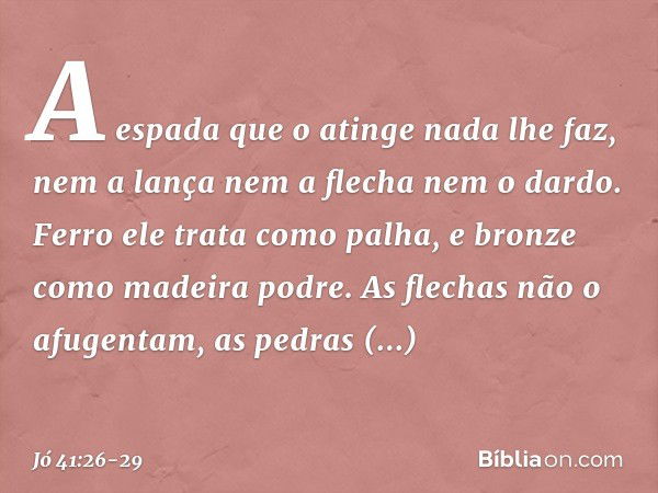 A espada que o atinge
nada lhe faz,
nem a lança nem a flecha
nem o dardo. Ferro ele trata como palha,
e bronze como madeira podre. As flechas não o afugentam,
a