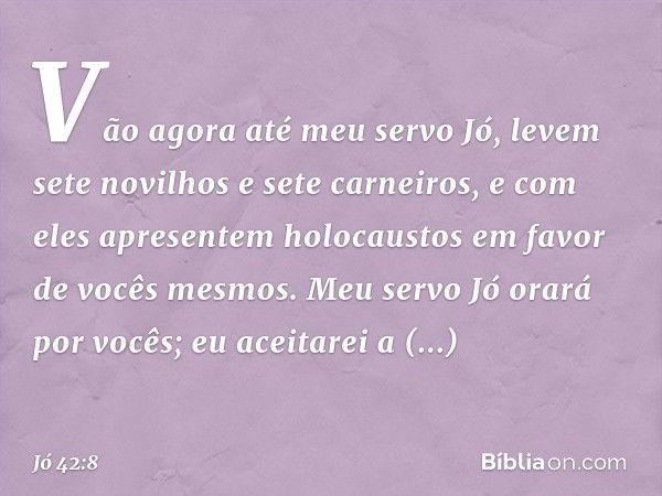 Vão agora até meu servo Jó, levem sete novilhos e sete carneiros, e com eles apresentem holocaustos em favor de vocês mesmos. Meu servo Jó orará por vocês; eu a