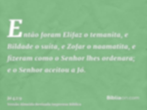 Então foram Elifaz o temanita, e Bildade o suíta, e Zofar o naamatita, e fizeram como o Senhor lhes ordenara; e o Senhor aceitou a Jó.