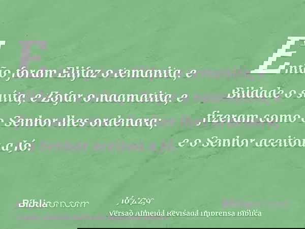 Então foram Elifaz o temanita, e Bildade o suíta, e Zofar o naamatita, e fizeram como o Senhor lhes ordenara; e o Senhor aceitou a Jó.