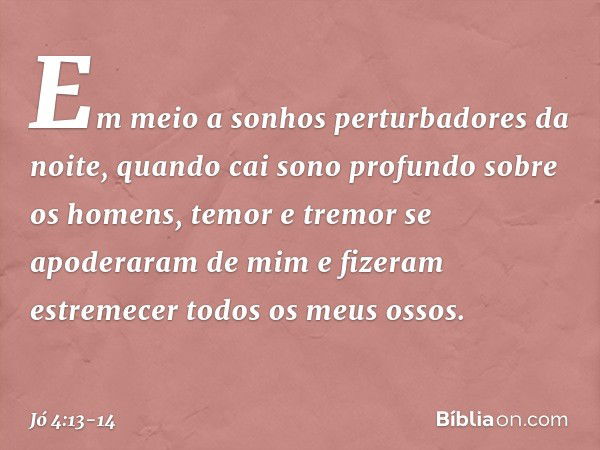 Em meio a sonhos perturbadores da noite,
quando cai sono profundo
sobre os homens, temor e tremor
se apoderaram de mim
e fizeram estremecer
todos os meus ossos.