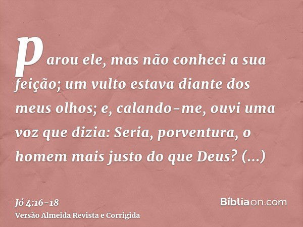 parou ele, mas não conheci a sua feição; um vulto estava diante dos meus olhos; e, calando-me, ouvi uma voz que dizia:Seria, porventura, o homem mais justo do q