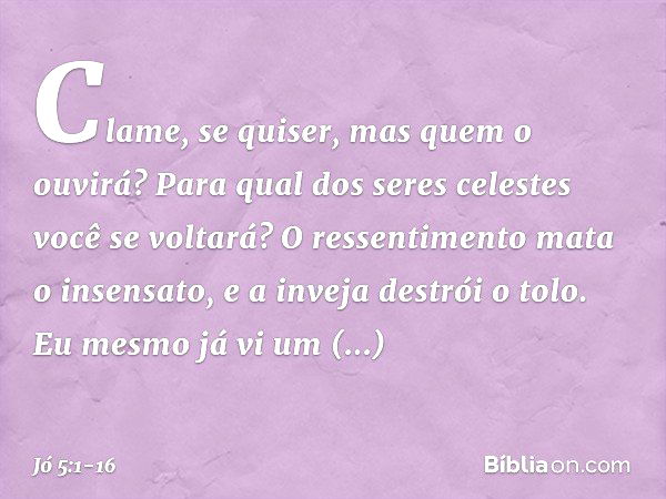 "Clame, se quiser,
mas quem o ouvirá?
Para qual dos seres celestes
você se voltará? O ressentimento mata o insensato,
e a inveja destrói o tolo. Eu mesmo já vi
