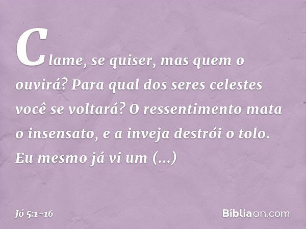 "Clame, se quiser,
mas quem o ouvirá?
Para qual dos seres celestes
você se voltará? O ressentimento mata o insensato,
e a inveja destrói o tolo. Eu mesmo já vi
