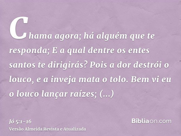 Chama agora; há alguém que te responda; E a qual dentre os entes santos te dirigirás?Pois a dor destrói o louco, e a inveja mata o tolo.Bem vi eu o louco lançar