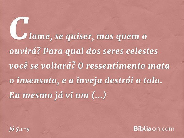 "Clame, se quiser,
mas quem o ouvirá?
Para qual dos seres celestes
você se voltará? O ressentimento mata o insensato,
e a inveja destrói o tolo. Eu mesmo já vi
