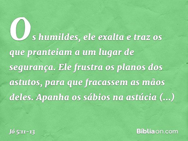 Os humildes, ele exalta
e traz os que pranteiam
a um lugar de segurança. Ele frustra os planos dos astutos,
para que fracassem as mãos deles. Apanha os sábios n