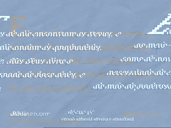Eles de dia encontram as trevas, e ao meio-dia andam às apalpadelas, como de noite.Mas Deus livra o necessitado da espada da boca deles, e da mão do poderoso.
