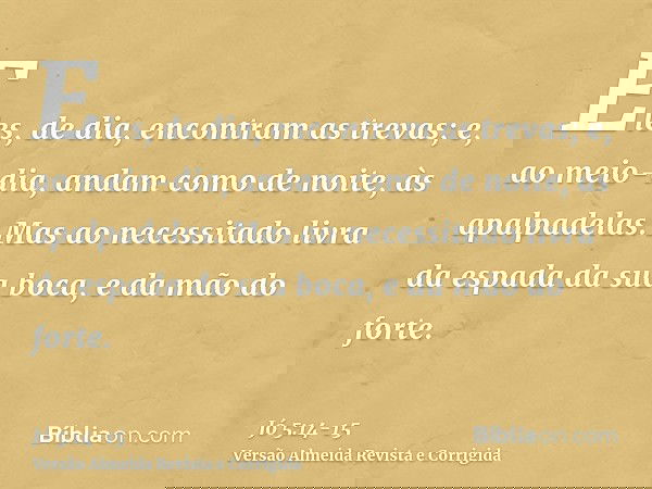 Eles, de dia, encontram as trevas; e, ao meio-dia, andam como de noite, às apalpadelas.Mas ao necessitado livra da espada da sua boca, e da mão do forte.