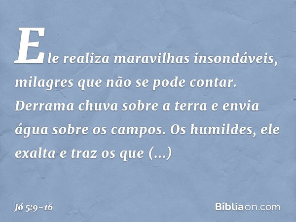 Ele realiza maravilhas insondáveis,
milagres que não se pode contar. Derrama chuva sobre a terra
e envia água sobre os campos. Os humildes, ele exalta
e traz os