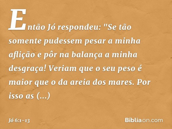 Então Jó respondeu: "Se tão somente pudessem
pesar a minha aflição
e pôr na balança a minha desgraça! Veriam que o seu peso é maior
que o da areia dos mares.
Po