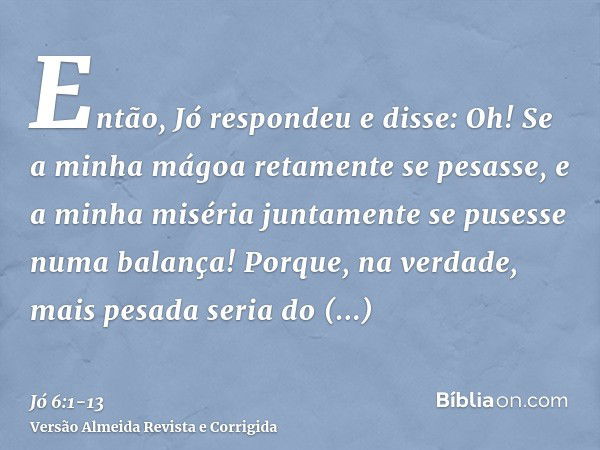 Então, Jó respondeu e disse:Oh! Se a minha mágoa retamente se pesasse, e a minha miséria juntamente se pusesse numa balança!Porque, na verdade, mais pesada seri