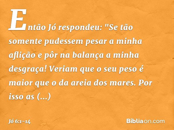 Então Jó respondeu: "Se tão somente pudessem
pesar a minha aflição
e pôr na balança a minha desgraça! Veriam que o seu peso é maior
que o da areia dos mares.
Po