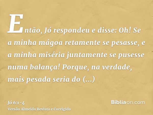 Então, Jó respondeu e disse:Oh! Se a minha mágoa retamente se pesasse, e a minha miséria juntamente se pusesse numa balança!Porque, na verdade, mais pesada seri