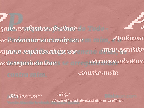 Porque as flechas do Todo-Poderoso se cravaram em mim, e o meu espírito suga o veneno delas; os terrores de Deus se arregimentam contra mim.