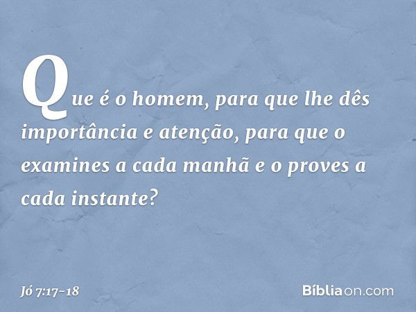 "Que é o homem,
para que lhe dês importância
e atenção, para que o examines a cada manhã
e o proves a cada instante? -- Jó 7:17-18