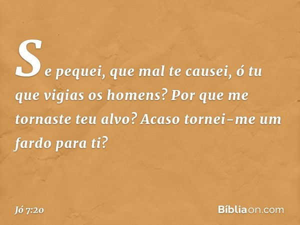 Se pequei, que mal te causei,
ó tu que vigias os homens?
Por que me tornaste teu alvo?
Acaso tornei-me um fardo para ti? -- Jó 7:20