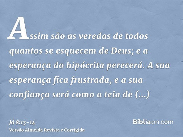 Assim são as veredas de todos quantos se esquecem de Deus; e a esperança do hipócrita perecerá.A sua esperança fica frustrada, e a sua confiança será como a tei