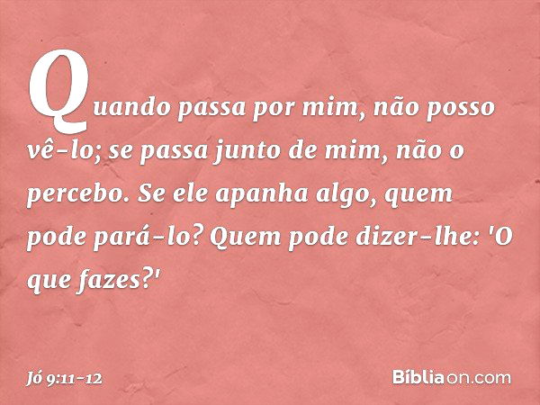 Quando passa por mim,
não posso vê-lo;
se passa junto de mim, não o percebo. Se ele apanha algo,
quem pode pará-lo?
Quem pode dizer-lhe:
'O que fazes?' -- Jó 9: