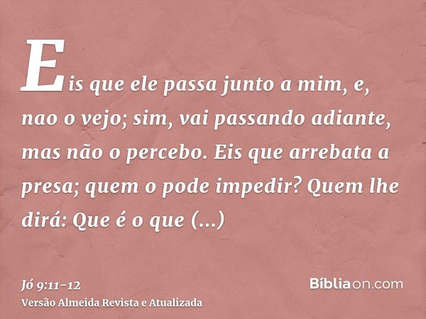 Eis que ele passa junto a mim, e, nao o vejo; sim, vai passando adiante, mas não o percebo.Eis que arrebata a presa; quem o pode impedir? Quem lhe dirá: Que é o