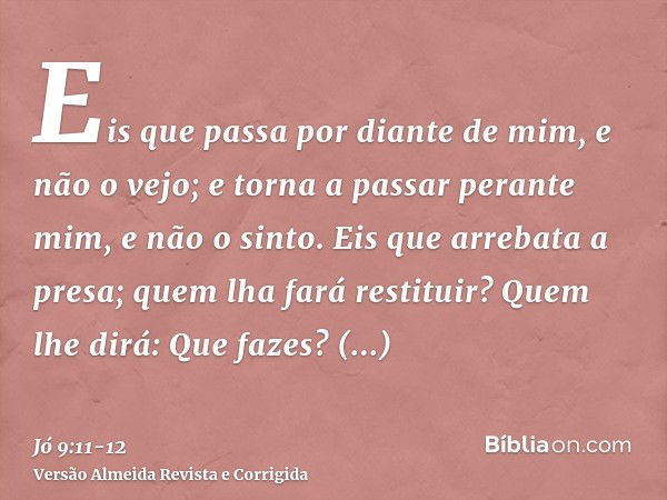 Eis que passa por diante de mim, e não o vejo; e torna a passar perante mim, e não o sinto.Eis que arrebata a presa; quem lha fará restituir? Quem lhe dirá: Que