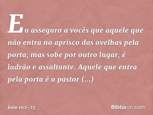 "Eu asseguro a vocês que aquele que não entra no aprisco das ovelhas pela porta, mas sobe por outro lugar, é ladrão e assaltante. Aquele que entra pela porta é 