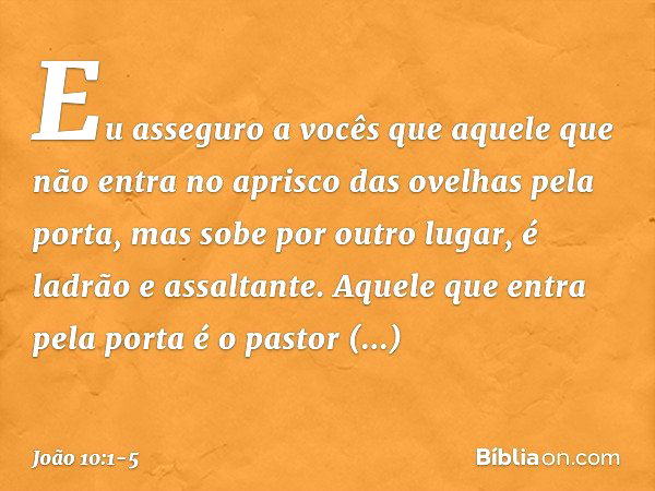 "Eu asseguro a vocês que aquele que não entra no aprisco das ovelhas pela porta, mas sobe por outro lugar, é ladrão e assaltante. Aquele que entra pela porta é 