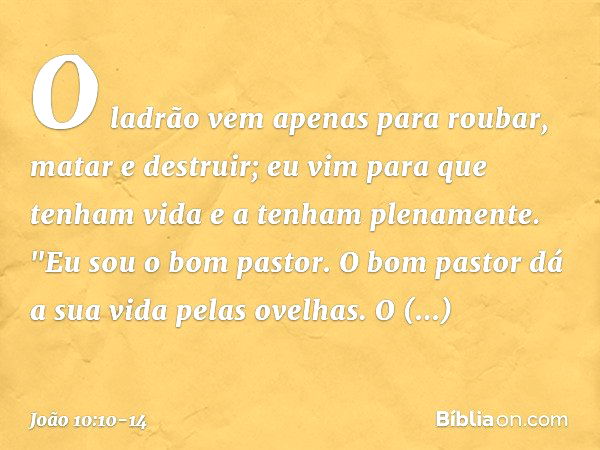 O ladrão vem apenas para roubar, matar e destruir; eu vim para que tenham vida e a tenham plenamente. "Eu sou o bom pastor. O bom pastor dá a sua vida pelas ove