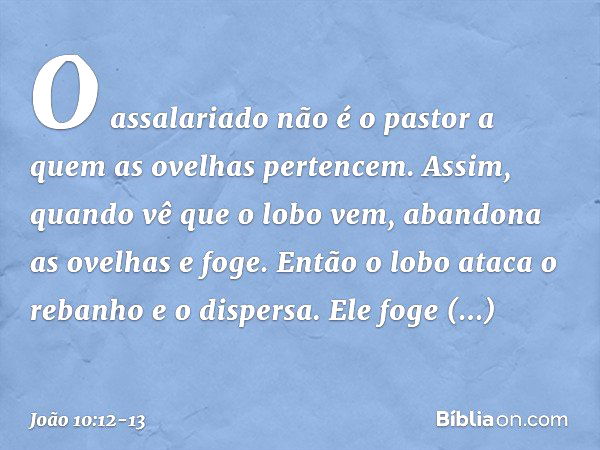 O assalariado não é o pastor a quem as ovelhas pertencem. Assim, quando vê que o lobo vem, abandona as ovelhas e foge. Então o lobo ataca o rebanho e o dispersa