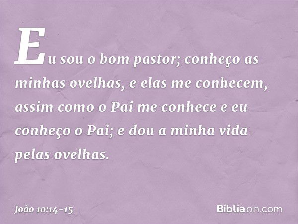 "Eu sou o bom pastor; conheço as minhas ovelhas, e elas me conhecem, assim como o Pai me conhece e eu conheço o Pai; e dou a minha vida pelas ovelhas. -- João 1