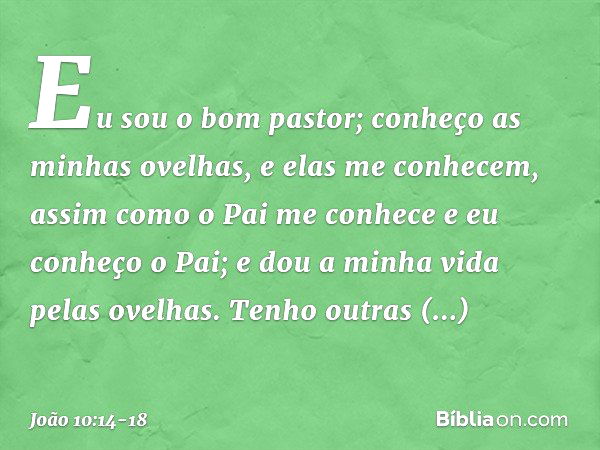 "Eu sou o bom pastor; conheço as minhas ovelhas, e elas me conhecem, assim como o Pai me conhece e eu conheço o Pai; e dou a minha vida pelas ovelhas. Tenho out