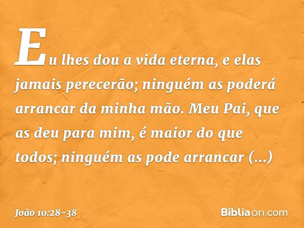 Eu lhes dou a vida eterna, e elas jamais perecerão; ninguém as poderá arrancar da minha mão. Meu Pai, que as deu para mim, é maior do que todos; ninguém as pode