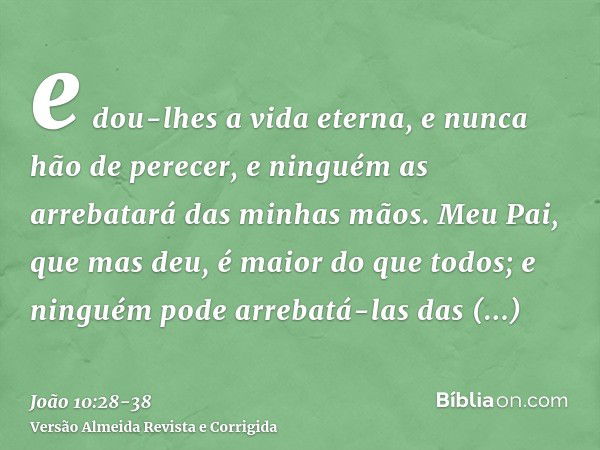 e dou-lhes a vida eterna, e nunca hão de perecer, e ninguém as arrebatará das minhas mãos.Meu Pai, que mas deu, é maior do que todos; e ninguém pode arrebatá-la