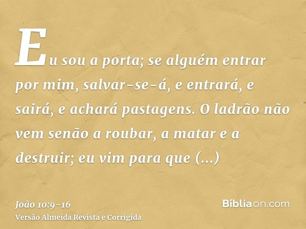 Eu sou a porta; se alguém entrar por mim, salvar-se-á, e entrará, e sairá, e achará pastagens.O ladrão não vem senão a roubar, a matar e a destruir; eu vim para