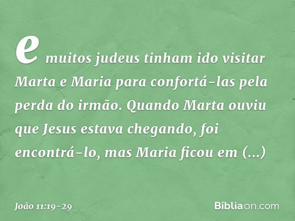 e muitos judeus tinham ido visitar Marta e Maria para confortá-las pela perda do irmão. Quando Marta ouviu que Jesus estava chegando, foi encontrá-lo, mas Maria