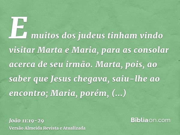 E muitos dos judeus tinham vindo visitar Marta e Maria, para as consolar acerca de seu irmão.Marta, pois, ao saber que Jesus chegava, saiu-lhe ao encontro; Mari