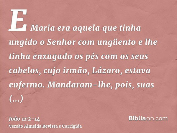 E Maria era aquela que tinha ungido o Senhor com ungüento e lhe tinha enxugado os pés com os seus cabelos, cujo irmão, Lázaro, estava enfermo.Mandaram-lhe, pois