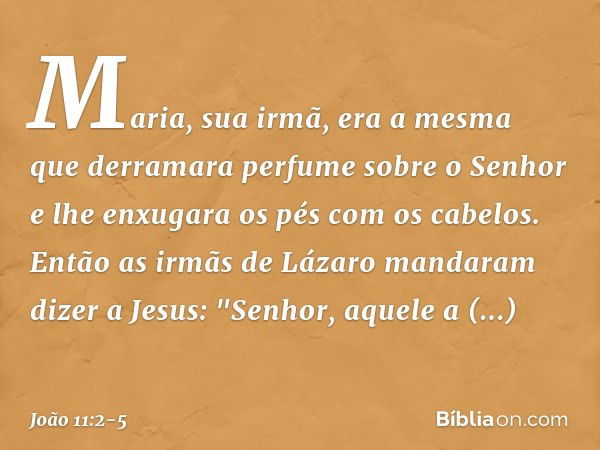 Maria, sua irmã, era a mesma que derramara perfume sobre o Senhor e lhe enxugara os pés com os cabelos. Então as irmãs de Lázaro mandaram dizer a Jesus: "Senhor