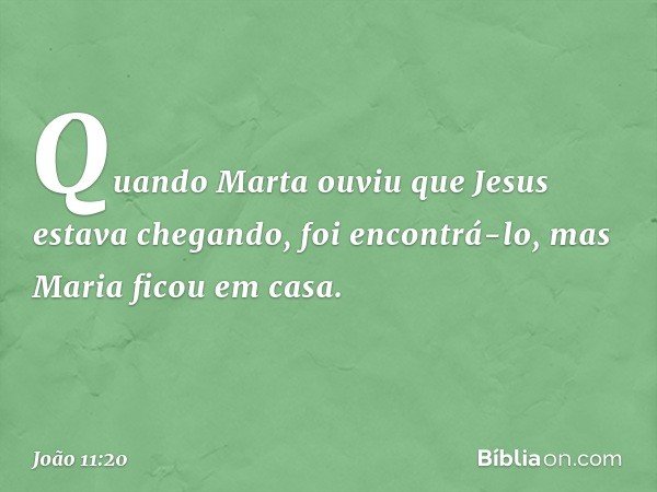 Quando Marta ouviu que Jesus estava chegando, foi encontrá-lo, mas Maria ficou em casa. -- João 11:20