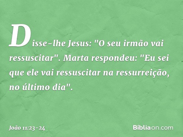 Disse-lhe Jesus: "O seu irmão vai ressuscitar". Marta respondeu: "Eu sei que ele vai ressuscitar na ressurreição, no último dia". -- João 11:23-24