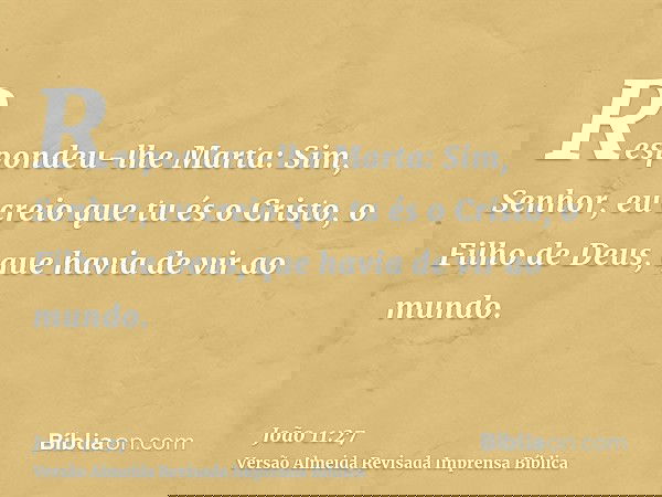 Respondeu-lhe Marta: Sim, Senhor, eu creio que tu és o Cristo, o Filho de Deus, que havia de vir ao mundo.