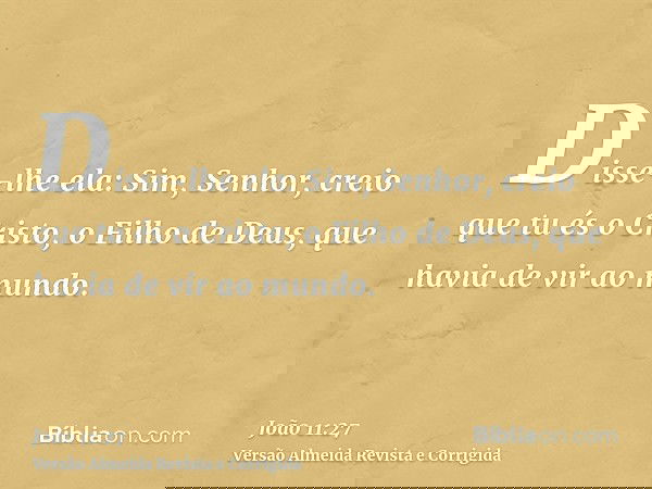 Disse-lhe ela: Sim, Senhor, creio que tu és o Cristo, o Filho de Deus, que havia de vir ao mundo.