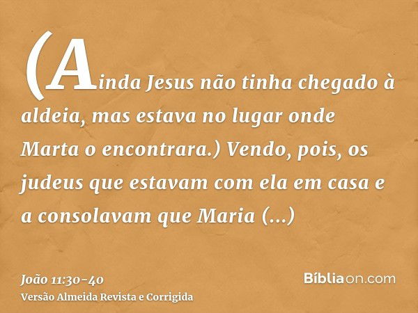 (Ainda Jesus não tinha chegado à aldeia, mas estava no lugar onde Marta o encontrara.)Vendo, pois, os judeus que estavam com ela em casa e a consolavam que Mari