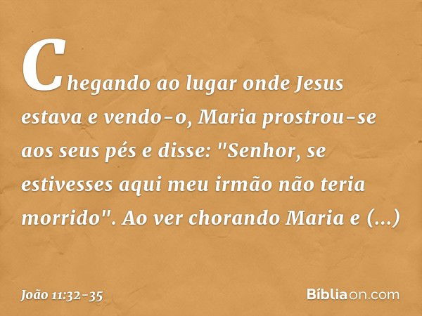 Chegando ao lugar onde Jesus estava e vendo-o, Maria prostrou-se aos seus pés e disse: "Senhor, se estivesses aqui meu irmão não teria morrido". Ao ver chorando