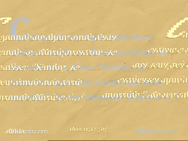 Chegando ao lugar onde Jesus estava e vendo-o, Maria prostrou-se aos seus pés e disse: "Senhor, se estivesses aqui meu irmão não teria morrido". Ao ver chorando