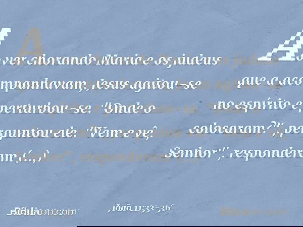 Ao ver chorando Maria e os judeus que a acompanhavam, Jesus agitou-se no espírito e perturbou-se. "Onde o colocaram?", perguntou ele.
"Vem e vê, Senhor", respon