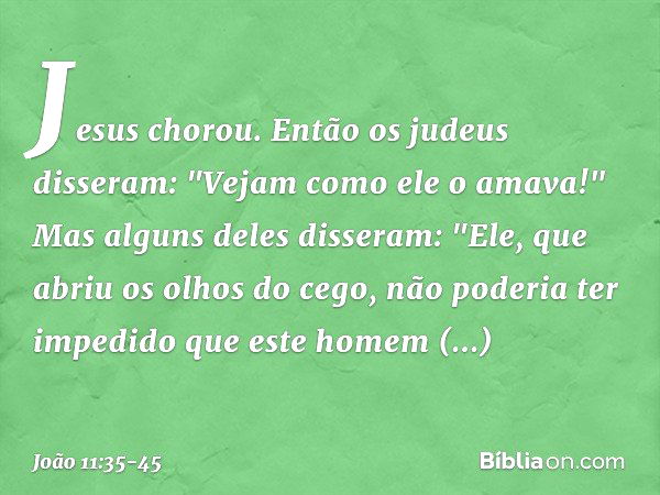 Jesus chorou. Então os judeus disseram: "Vejam como ele o amava!" Mas alguns deles disseram: "Ele, que abriu os olhos do cego, não poderia ter impedido que este