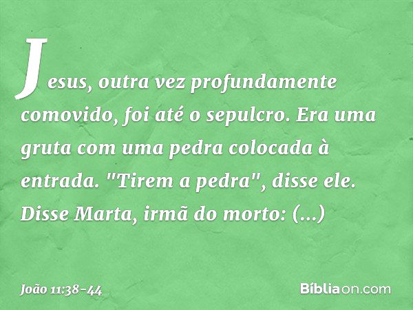 Jesus, outra vez profundamente comovido, foi até o sepulcro. Era uma gruta com uma pedra colocada à entrada. "Tirem a pedra", disse ele.
Disse Marta, irmã do mo