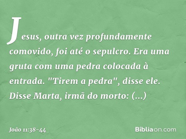 Jesus, outra vez profundamente comovido, foi até o sepulcro. Era uma gruta com uma pedra colocada à entrada. "Tirem a pedra", disse ele.
Disse Marta, irmã do mo